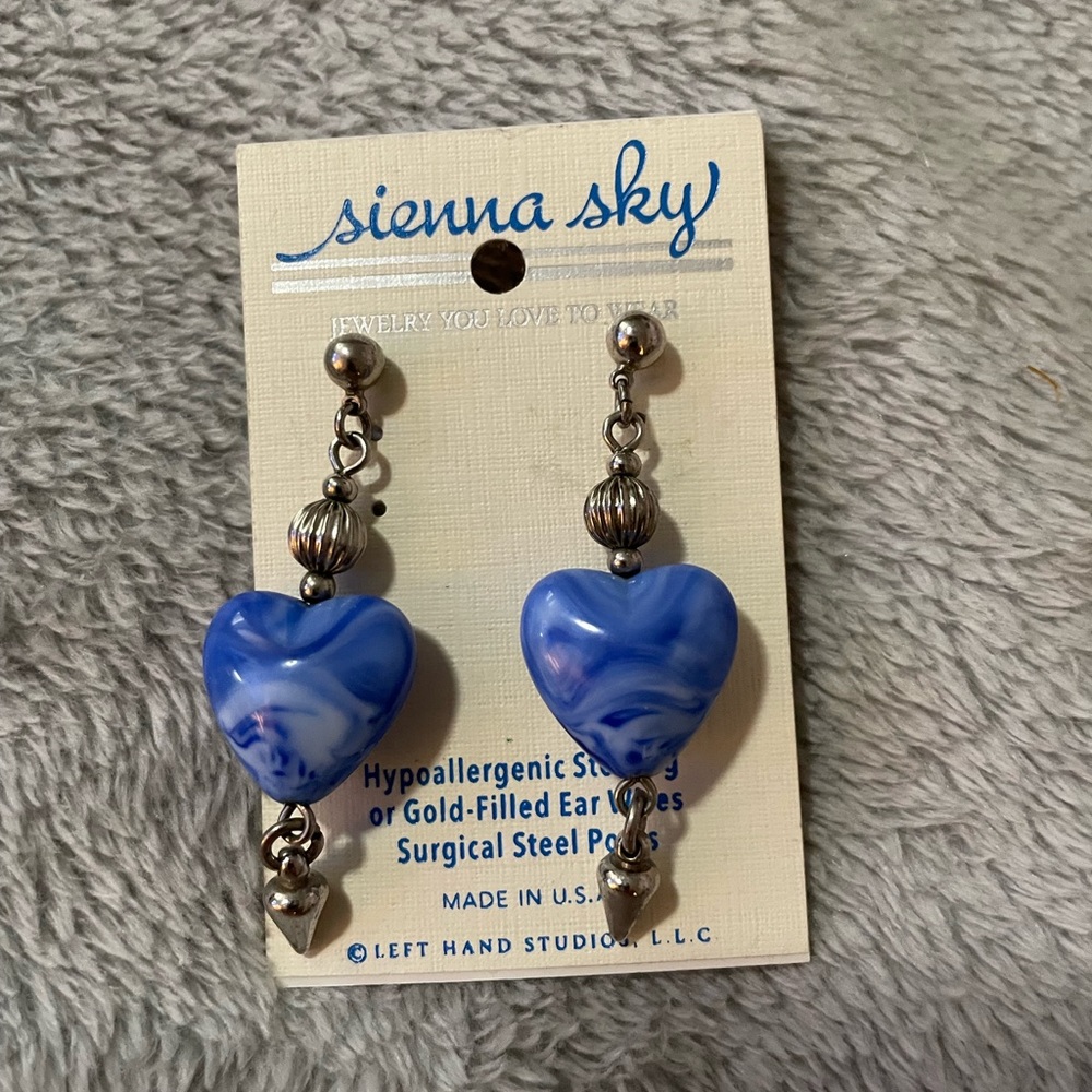 Blue and Silver Heart Earrings with Swirl Patterns